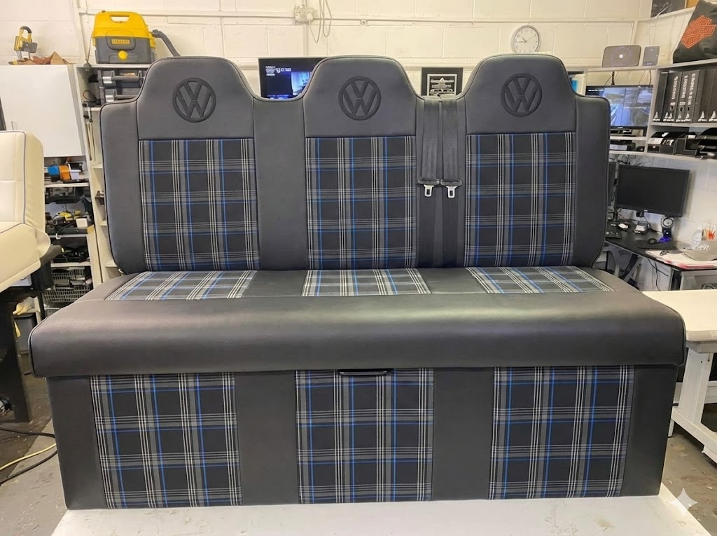 Full width back and grey blue tartan VW rock n roll bed Blue Note Upholstery